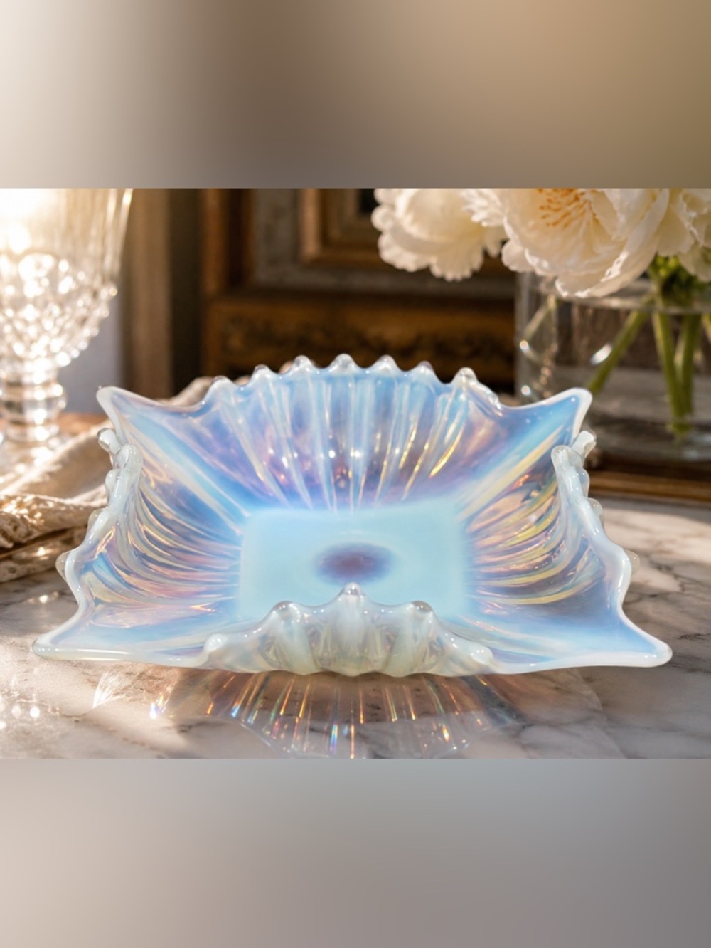 VTG Fostoria Heirloom Opalescent Handkerchief Bowl Blue Iridescent